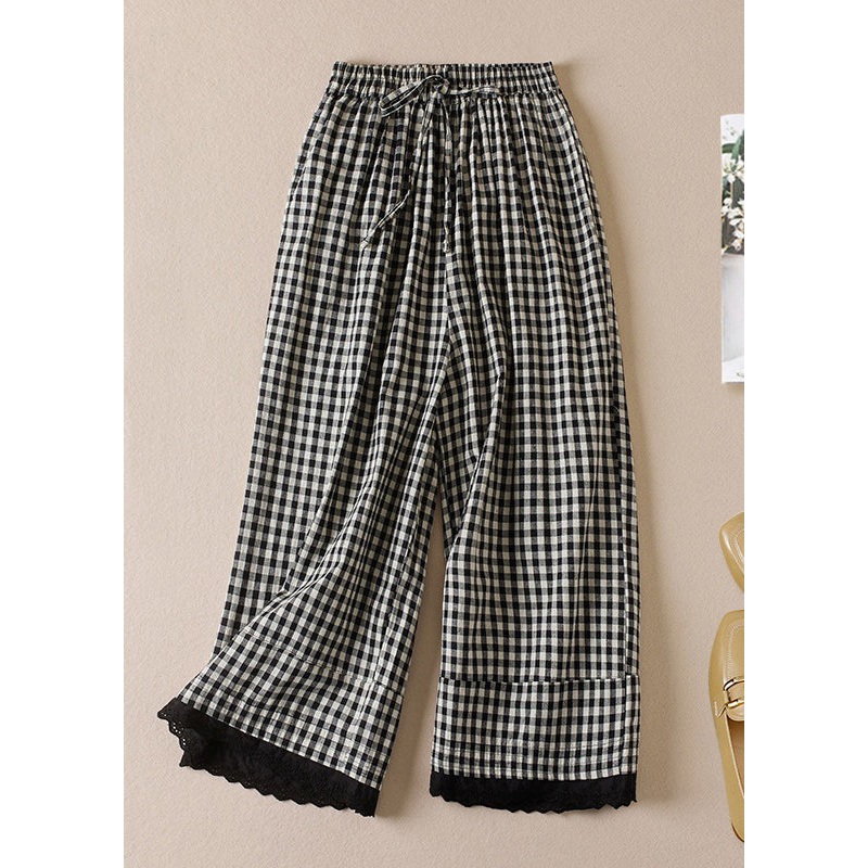 French Large Plaid Pockets Elastic Waist Linen Crop Pants Summer