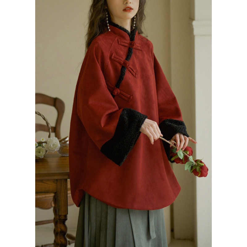 French Red Stand Collar Button Warm Fleece Tops Long Sleeve