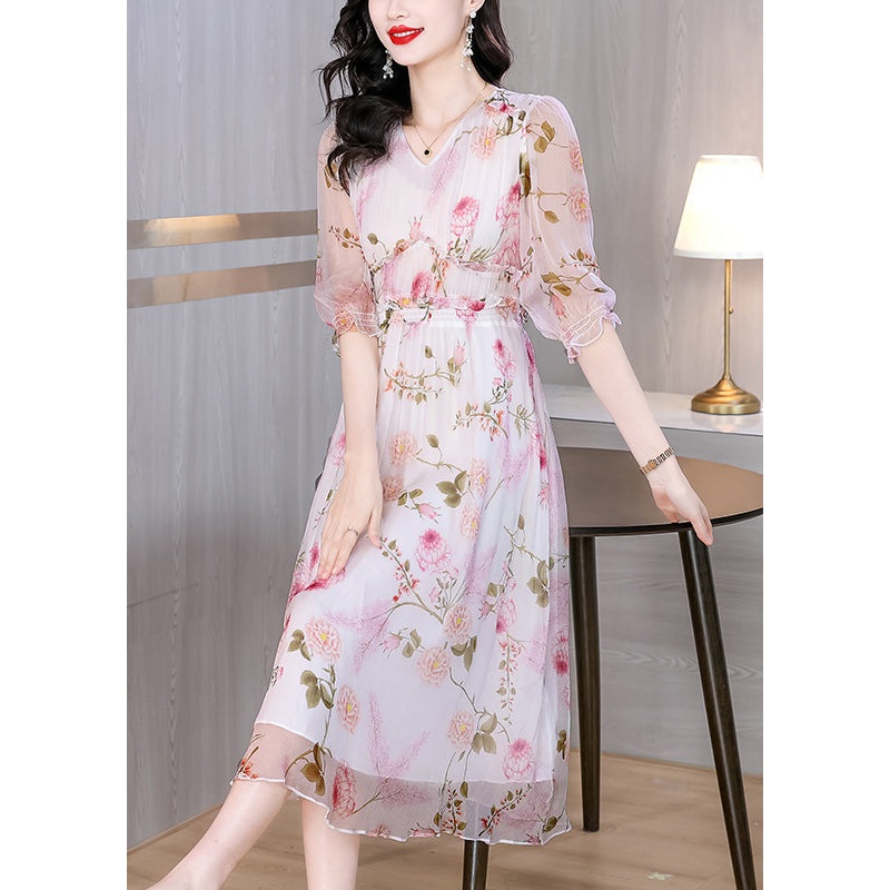 French Ruffled V Neck Print Chiffon Dresses Summer
