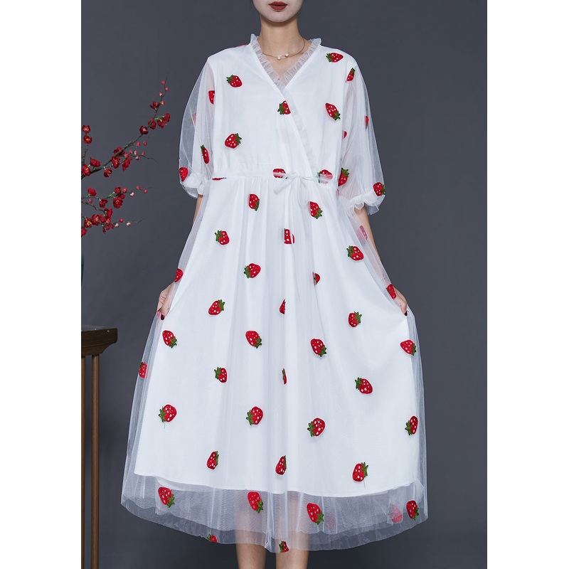 French White Strawberry Print Tulle Vacation Dresses Summer