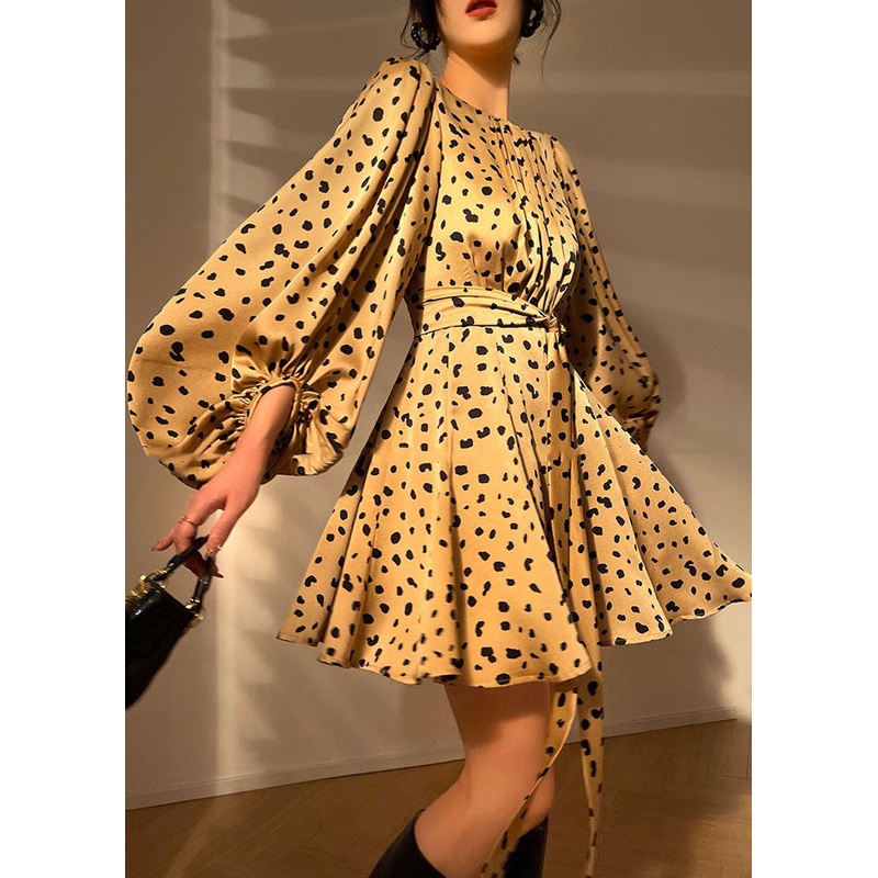 French Yellow O-Neck Leopard Print Draping Silk Party Mid Dress Lantern Sleeve