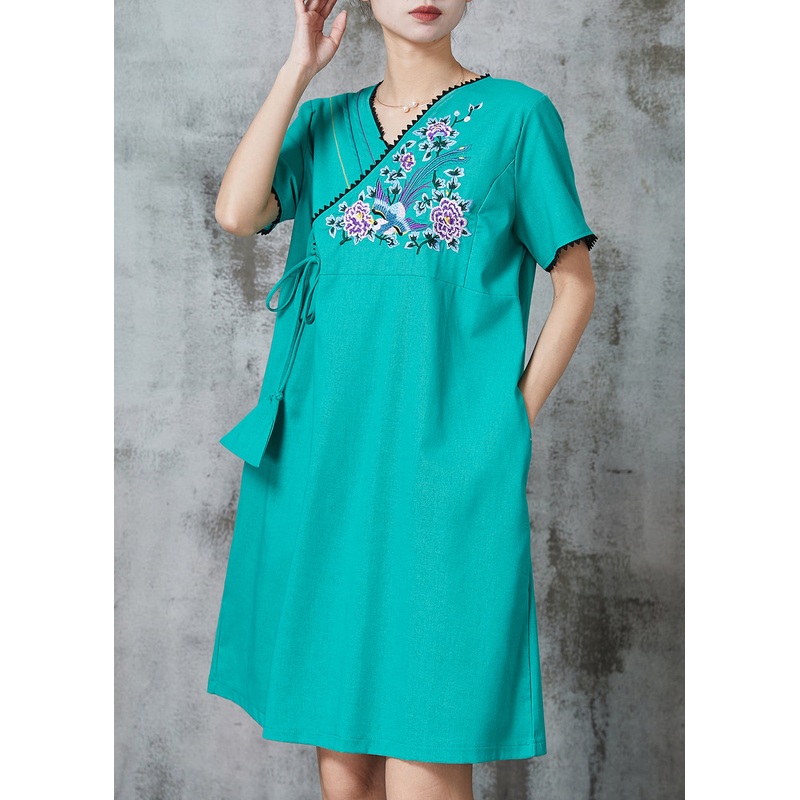 Green Retro Cotton Holiday Dress Embroidered Summer