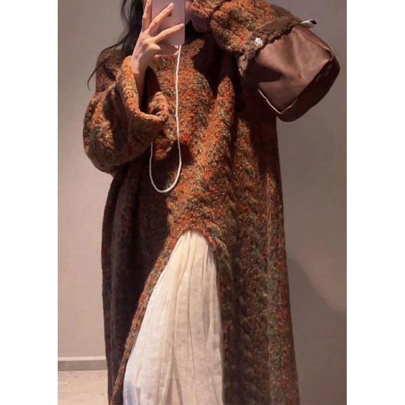 Handmade Coffee O-Neck Asymmetrical Cotton Knit Long Sweaters Winter