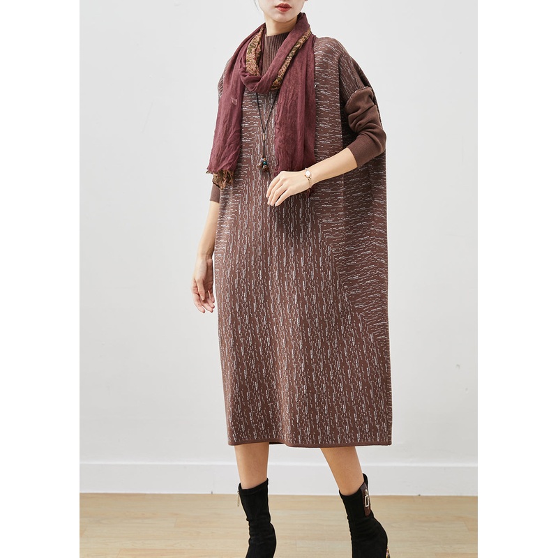 Italian Coffee Stand Collar Patchwork Knit Sweater Dress Spring