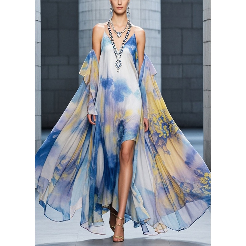 Italian Cold Shoulder Print Exra Large Hem Chiffon Beach Dress Summer