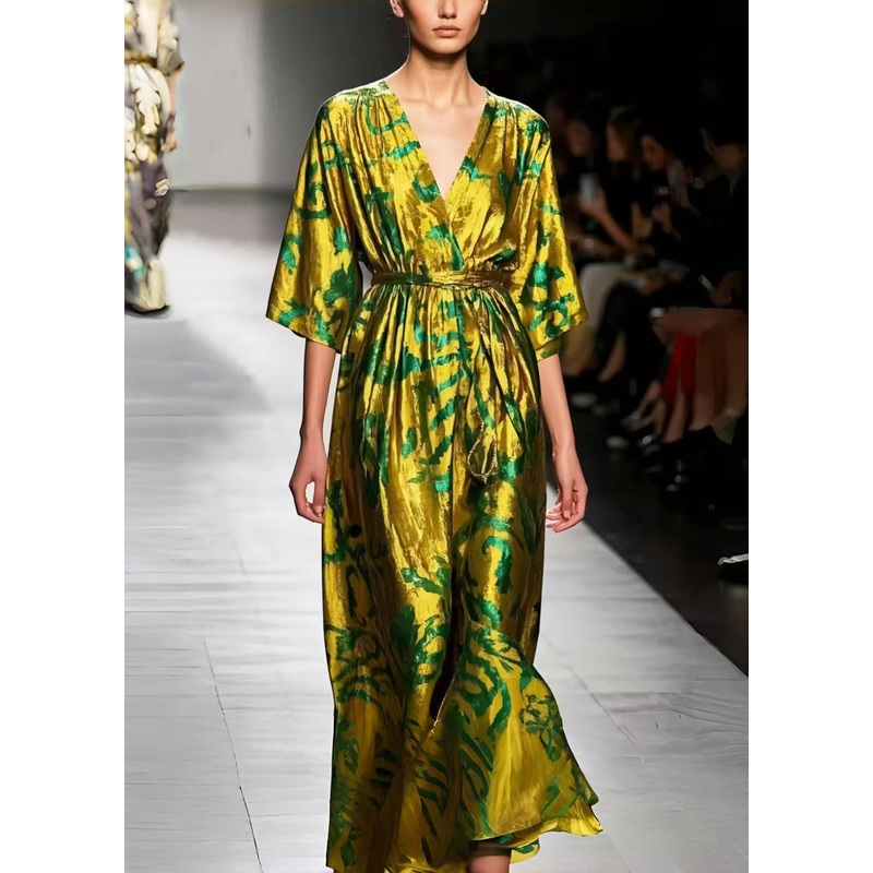 Italian Fluorescent Green Print Silk Tunic Dresses Summer