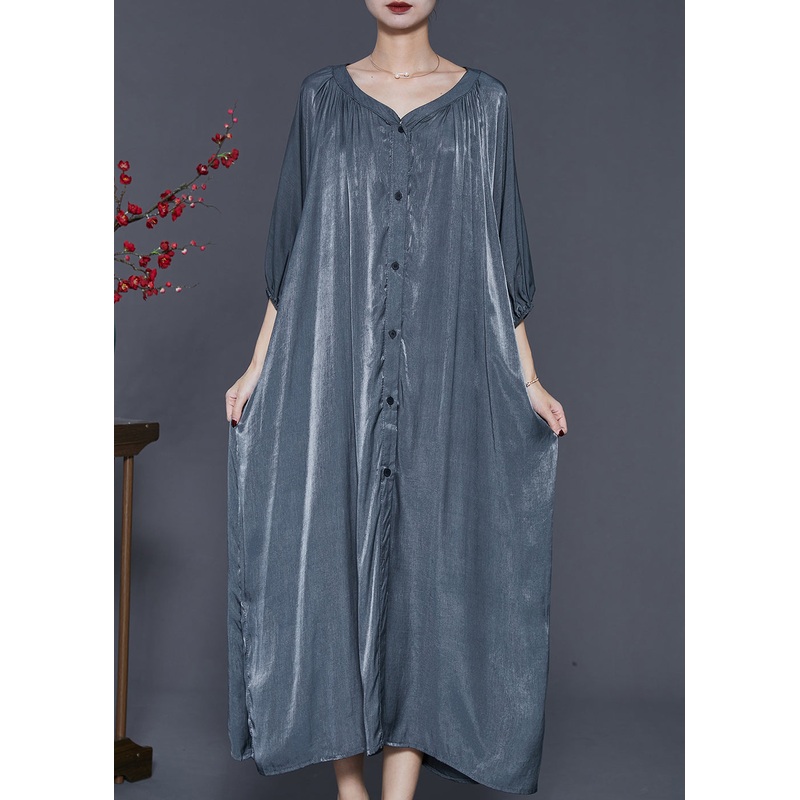 Italian Grey Oversized Linen Silk Long Dresses Summer
