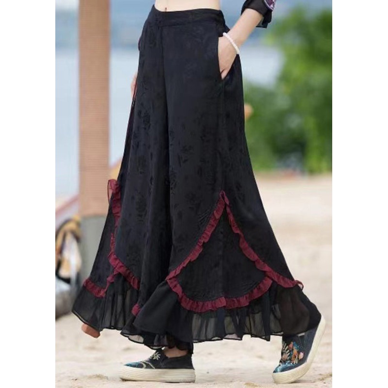 Jacquard Wine Red Ruffled Lace Up Pockets Silk Flare Bottoms Summer