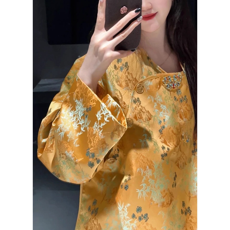 Jacquard Yellow O Neck Button Silk Shirt Long Sleeve