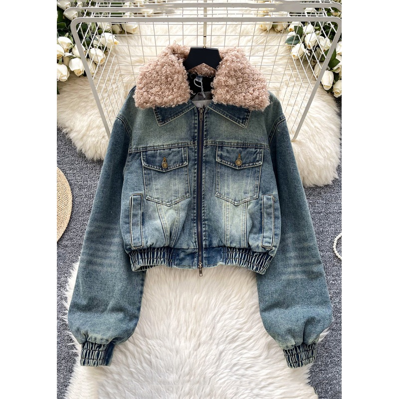 Light Blue Zippered Cotton Filled Denim Coat Fur Collar Winter