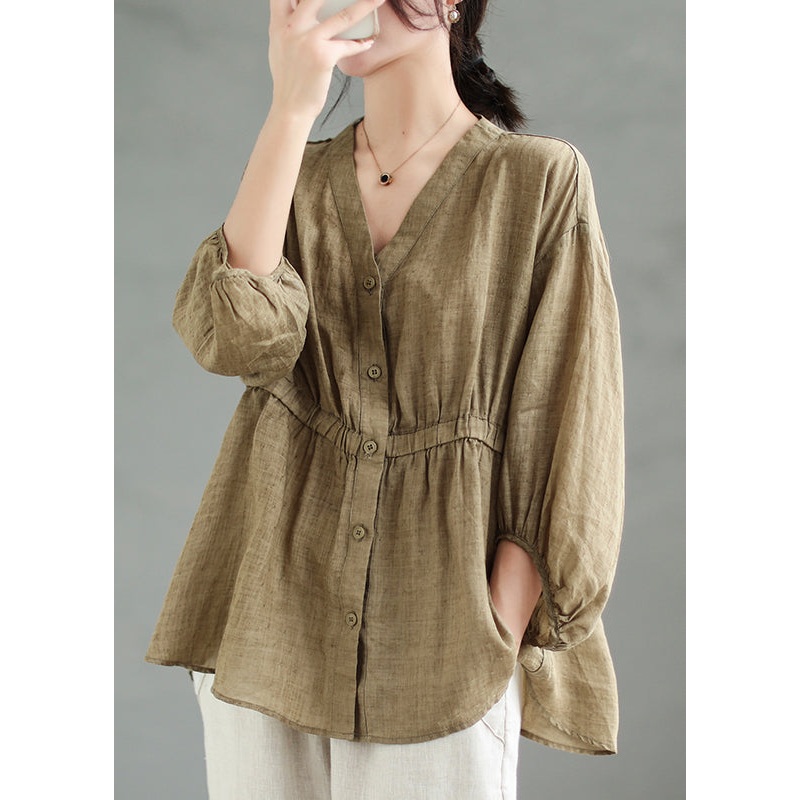 Loose Coffee Solid Button Linen Shirt Bracelet Sleeve