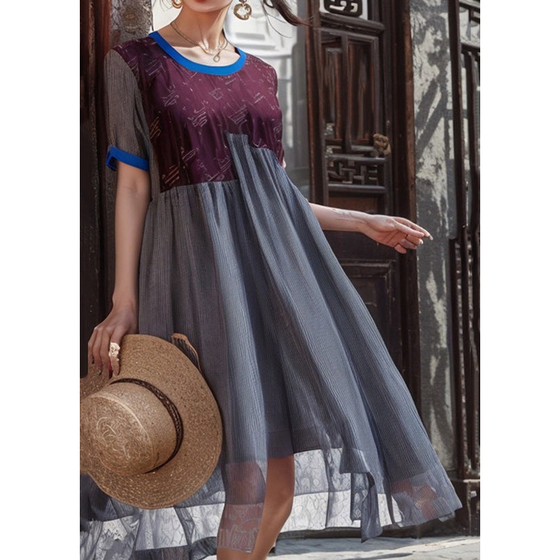 Loose Dark Purple O Neck Patchwork Silk Dresses Short Sleeve