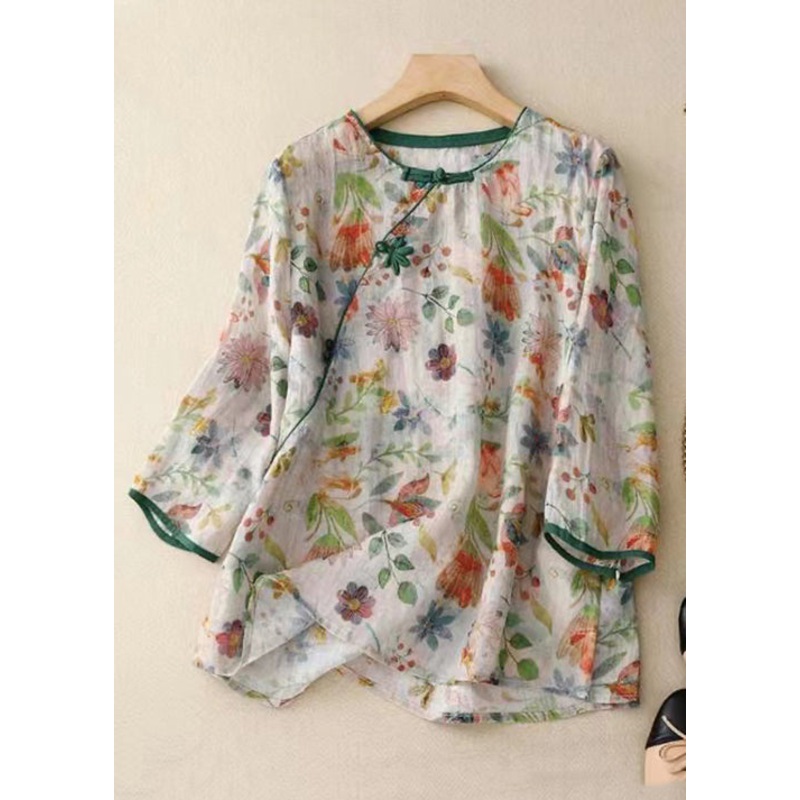 Loose Green Print Button Linen Blouse Bracelet Sleeve