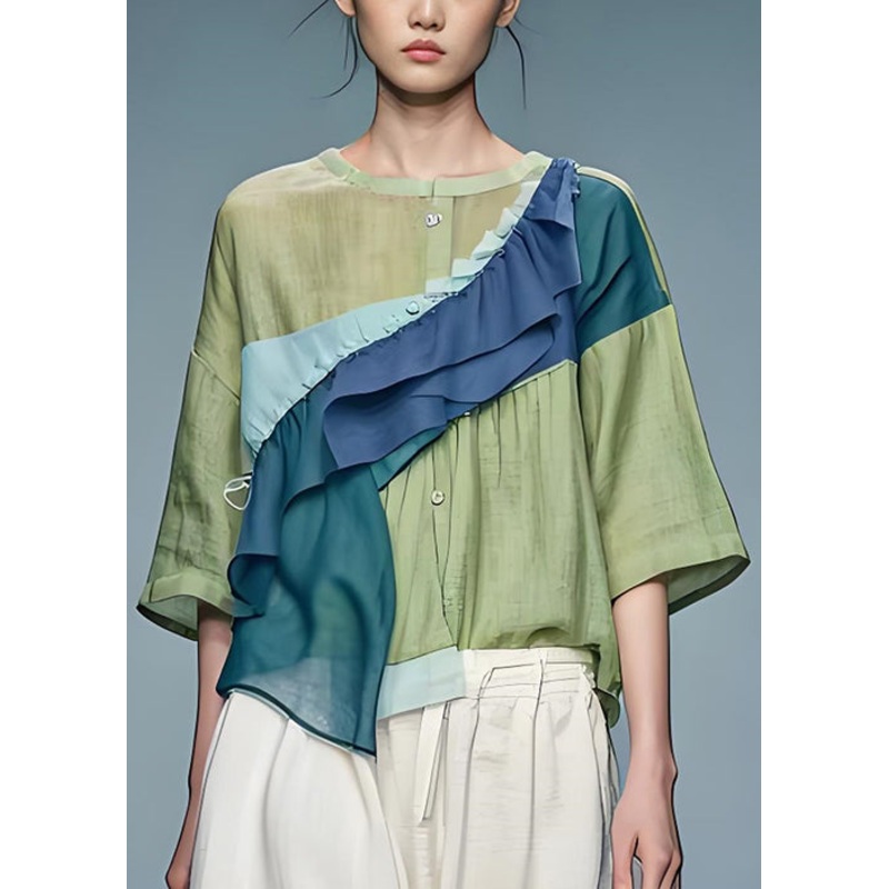 Loose Green Ruffled Asymmetrical Patchwork Cotton Top Summer
