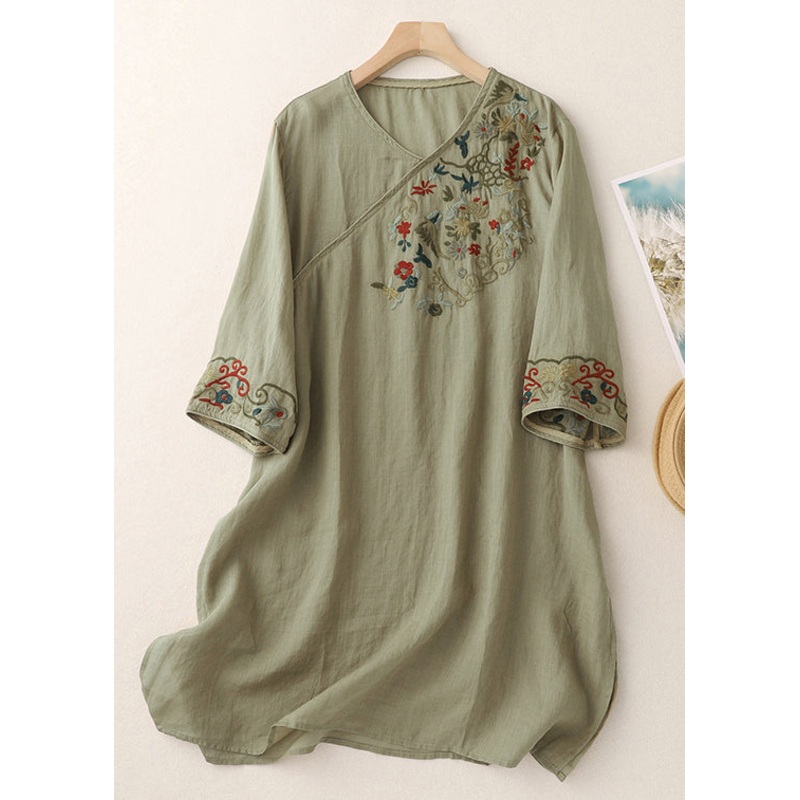 Loose Green V Neck Embroidered Side Open Cotton Mid Dress Half Sleeve