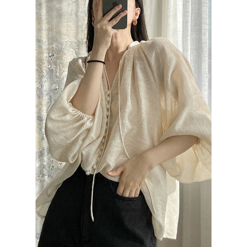 Loose Lace Up Button Patchwork Cotton Shirt Lantern Sleeve
