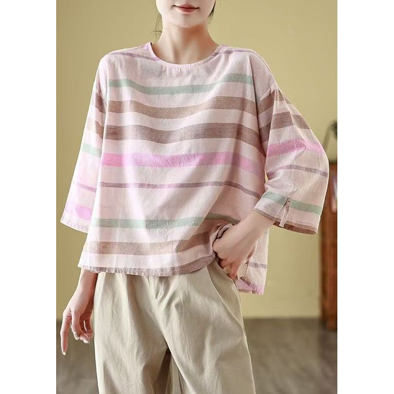 Loose O Neck Striped Cozy Linen T Shirt Bracelet Sleeve