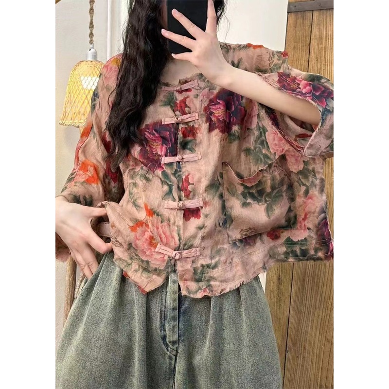 Loose Pink Button Print Pockets Linen Top Spring