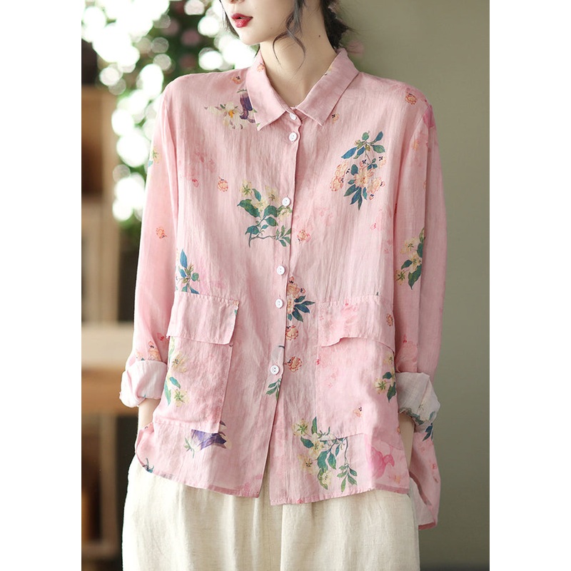 Loose Pink Low High Design Linen Shirt Long Sleeve