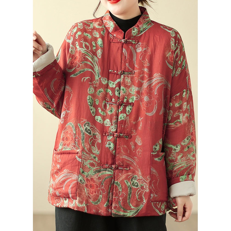 Loose Red Stand Collar Button Print Parka Winter