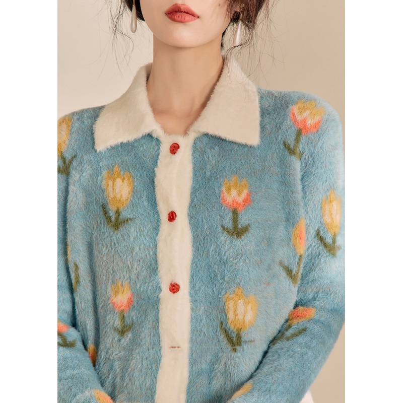 Modern Blue Peter Pan Collar Print Cotton Knit Cardigan Winter