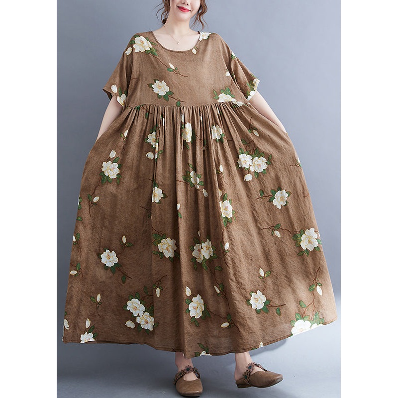 Modern Coffee O-Neck Print Long Dress Summer