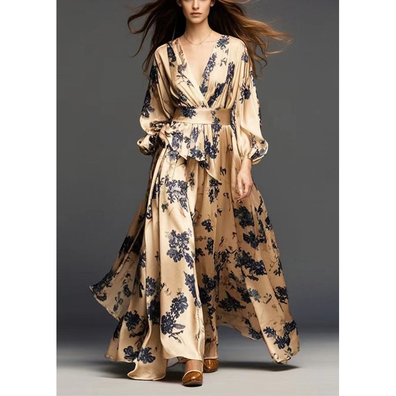 Modern Golden Cinched Print Silk Dress Fall