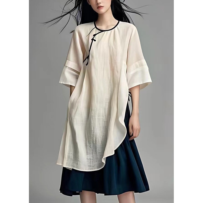 New Beige O Neck Pockets Cotton Two Piece Set Half Sleeve