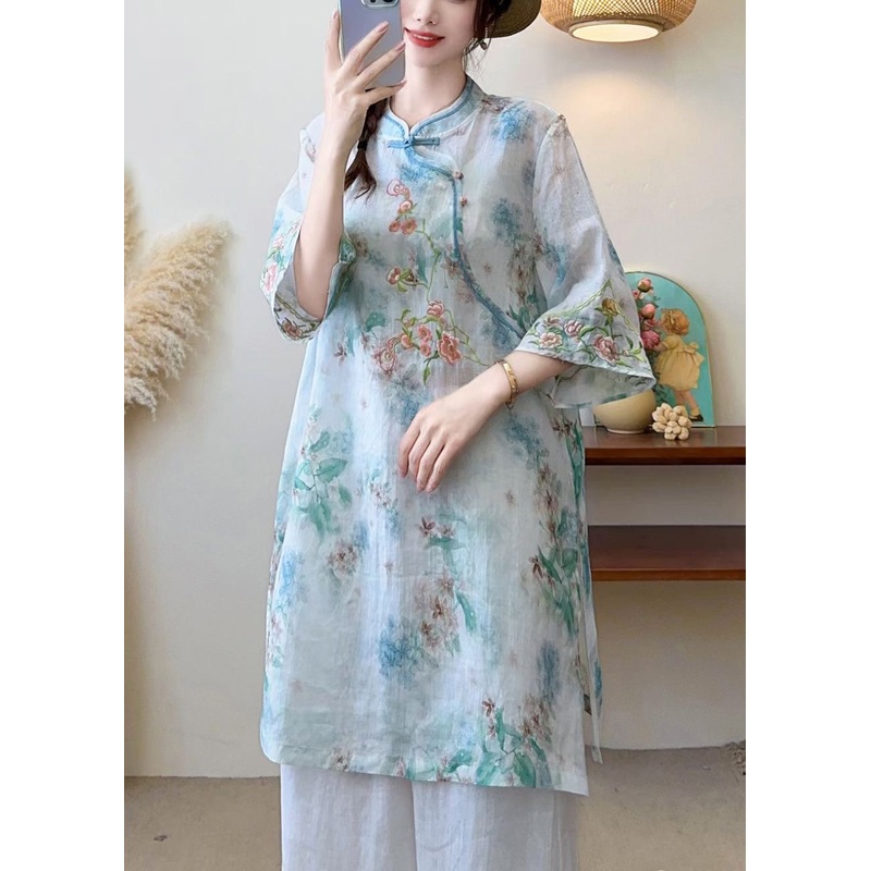 New Blue Embroidered Chinese Button Linen Blouses Half Sleeve
