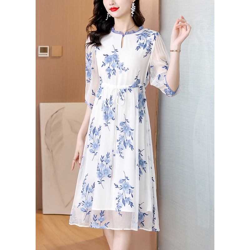 New Light Blue Ruffled Print Drawstring Chiffon Dresses Summer