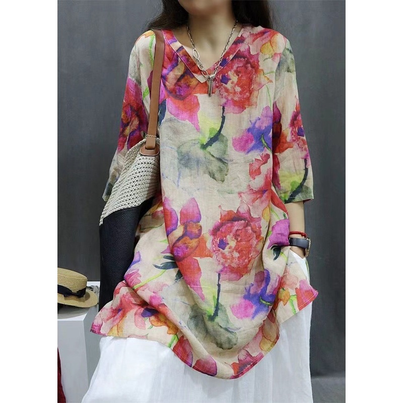New Photo Color V Neck Print Linen Blouse Half Sleeve