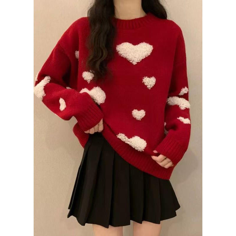 New Red O Neck Heart Jacquard Thick Knit Sweaters Winter
