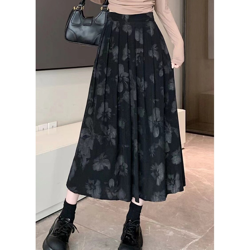 New Retro Black Print High Waist Cotton Pleated Skirt Spring