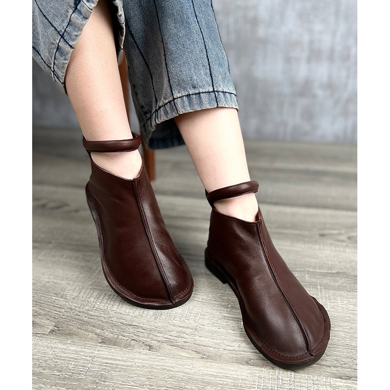 Novelty Coffee Cowhide Splicing Zipper Ankle Boots