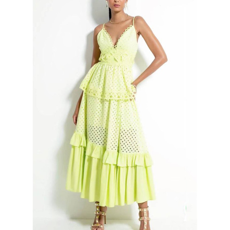 Novelty Yellow V Neck Hollow Out Cotton Spaghetti Strap Dress Sleeveless