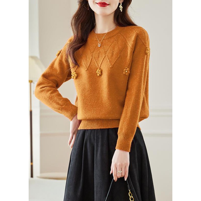Orange Hollow Out Solid Knit Fall Sweaters O Neck