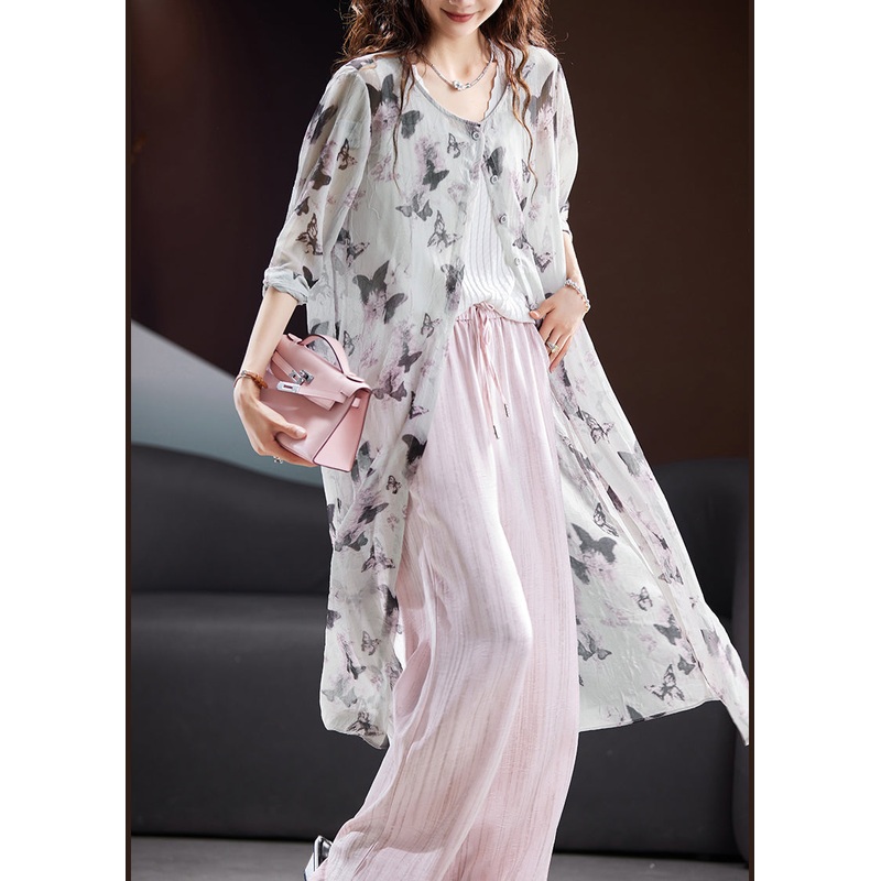 Organic Grey O Neck Print Chiffon UPF 50+ Coat Summer