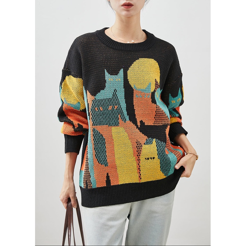 Original Design Black Print Knit Short Sweater Winter