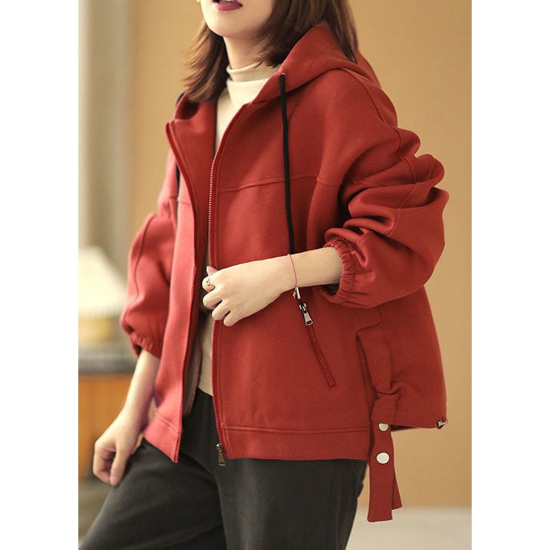 Original Design Red Zip Up Pockets Cotton Hooded Coat Fall