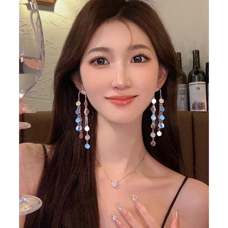 Original Silk Alloy Sequins Tassel Drop Earrings