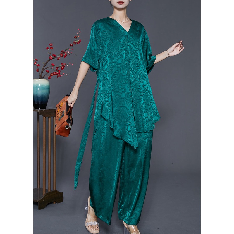 Peacock Green Print Silk Two Piece Set Outfits Asymmetrical Summer