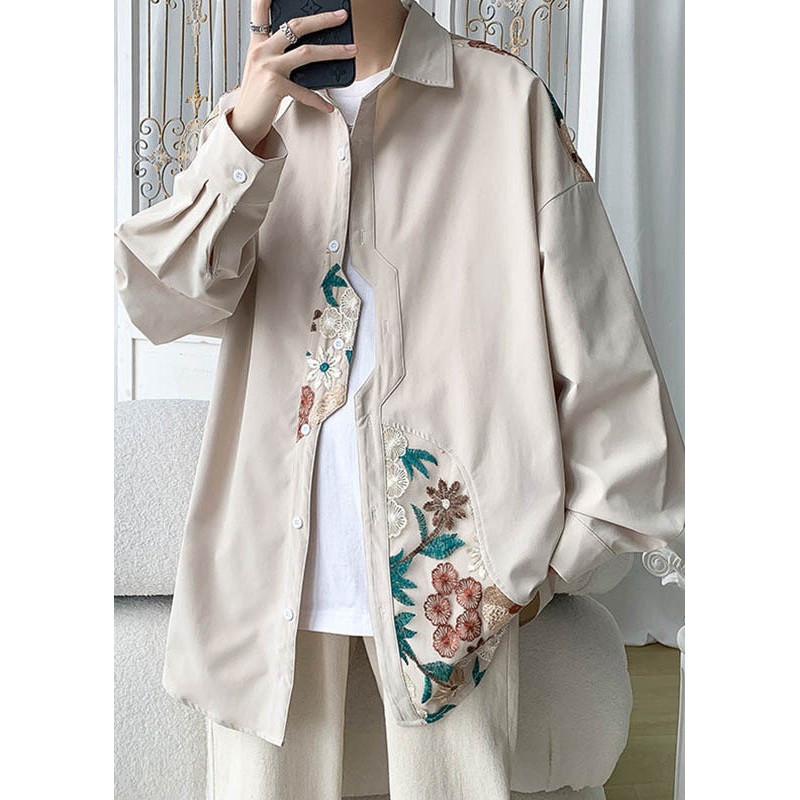 Plus Size Beige Embroidered Button Cotton Neutral Coats Spring