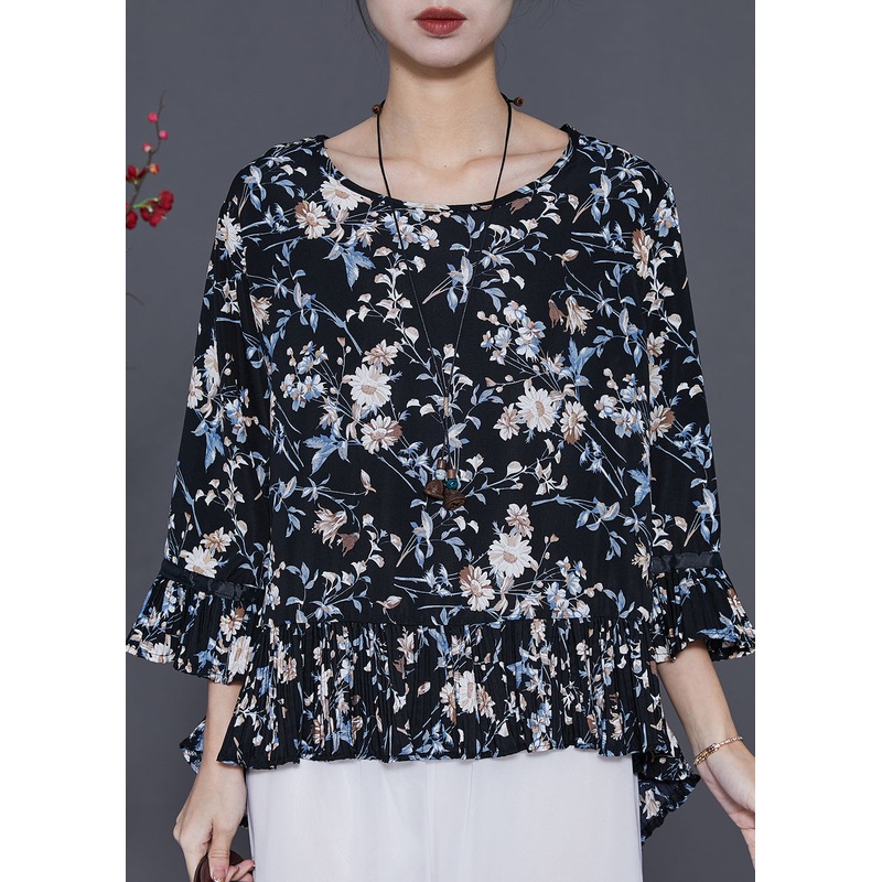 Plus Size Black Oversized Print Chiffon Blouses Summer