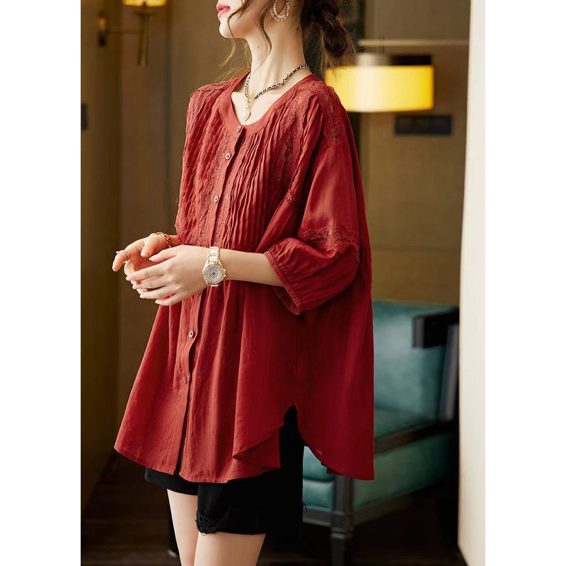 Plus Size Mulberry O-Neck Patchwork Wrinkled Shirts Bracelet Sleeve