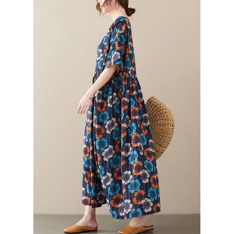 Plus Size Multi O Neck Print Cotton Long Dress Short Sleeve