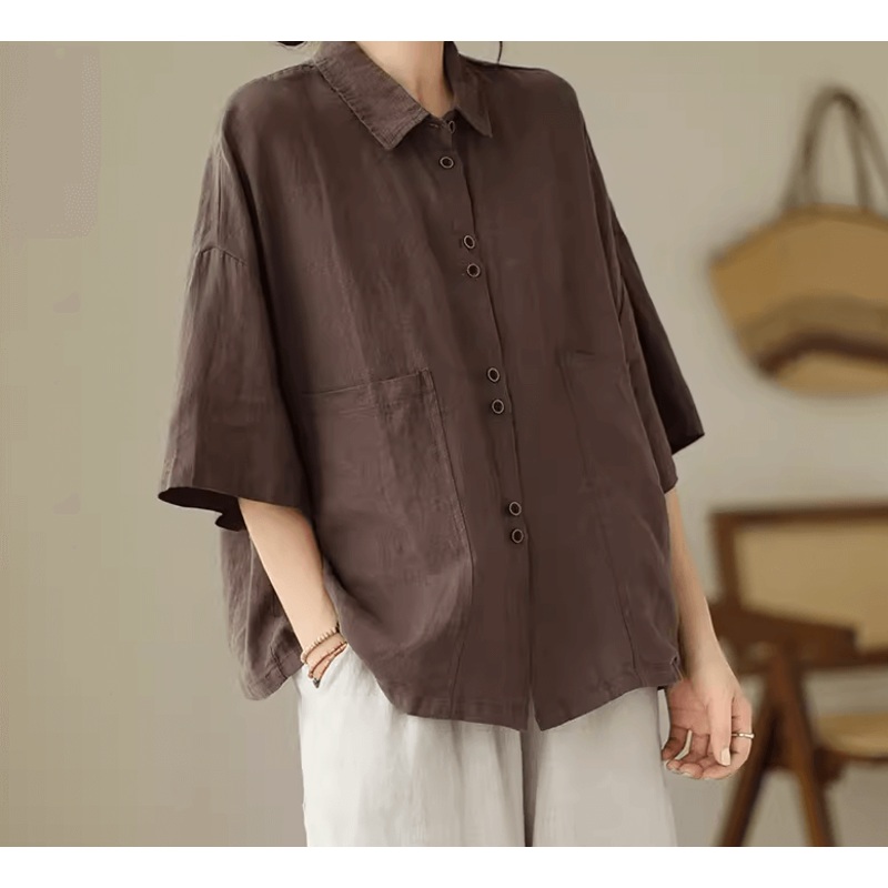 Plus Size Retro Cotton Casual Shirts Short Sleeve