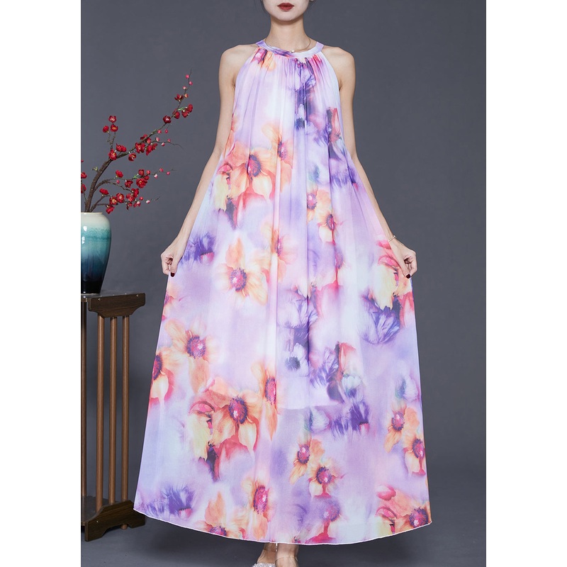 Purple Print Chiffon Beach Dresses Cold Shoulder Summer