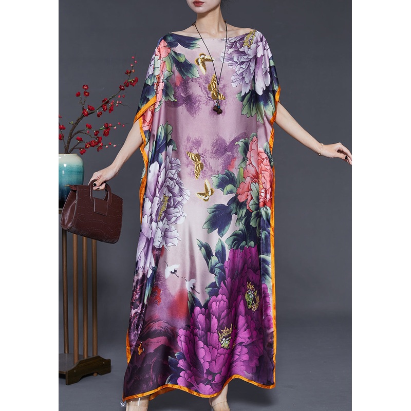 Purple Print Silk Maxi Dresses Slash Neck Batwing Sleeve