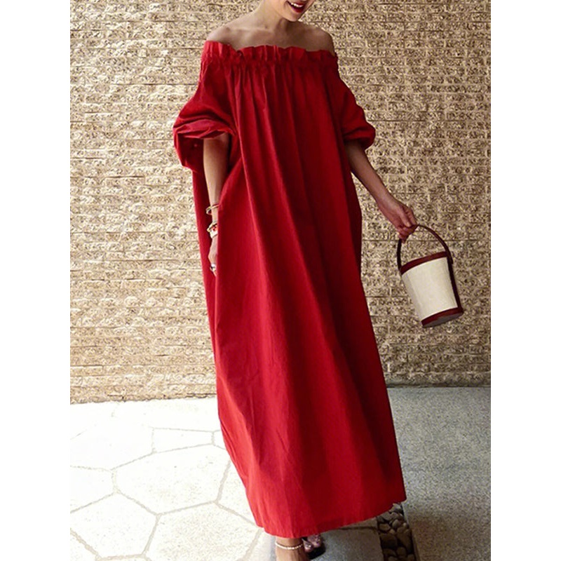 Red Half Sleeves Elasticity Pleated Off-The-Shoulder Maxi Dresses