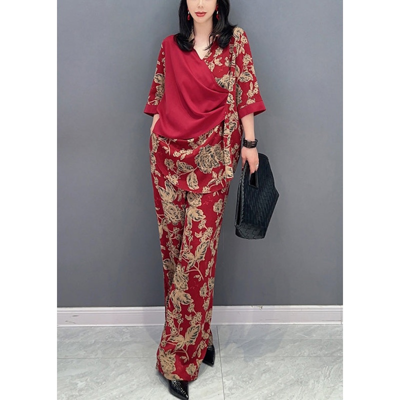 Red Print Patchwork Top And Wide Leg Pants Two Pieces Set Long Sleeve